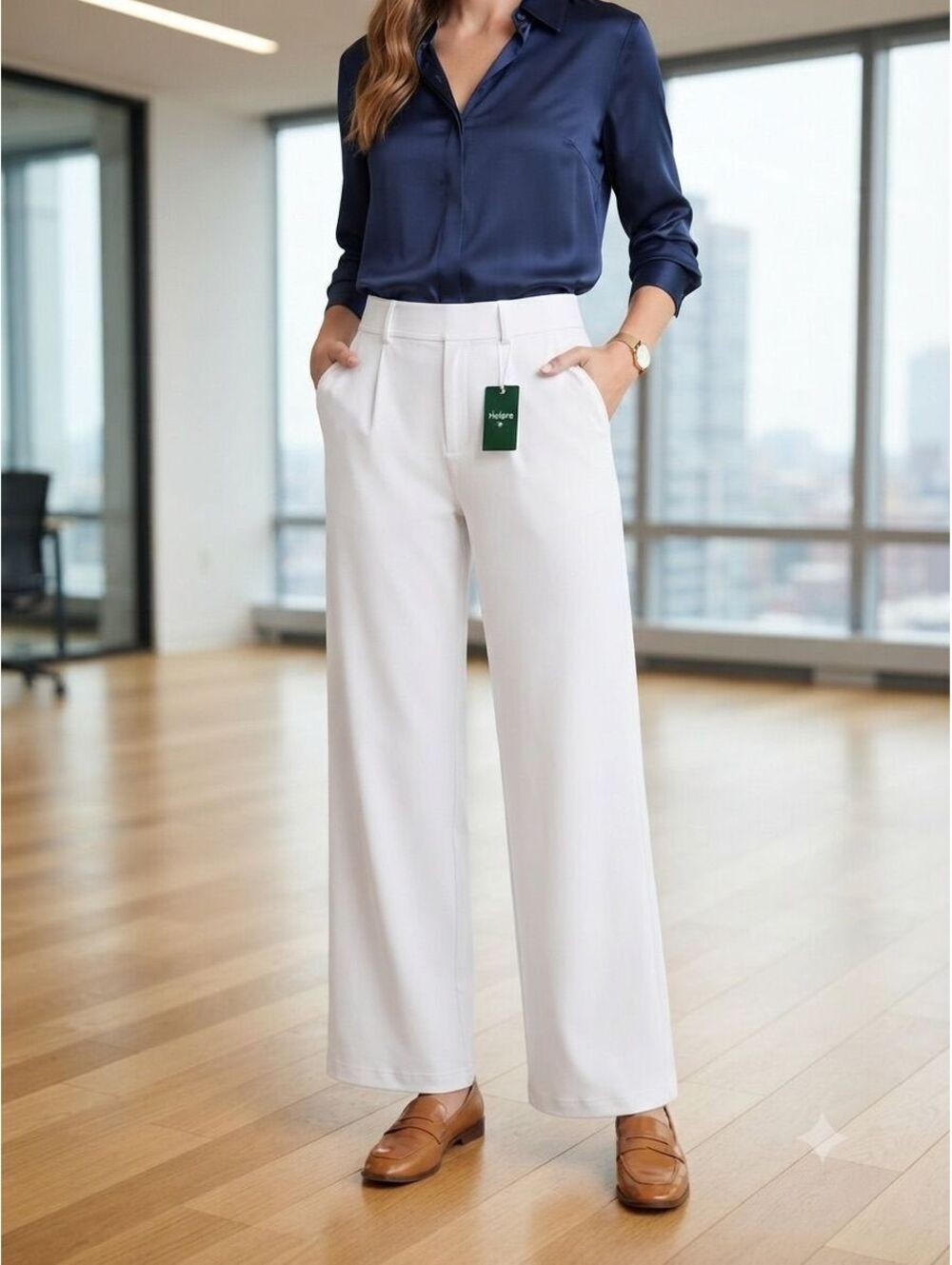 NWT Halara Women’s Large Tall White Wide Leg Barrel Work Pants Pockets